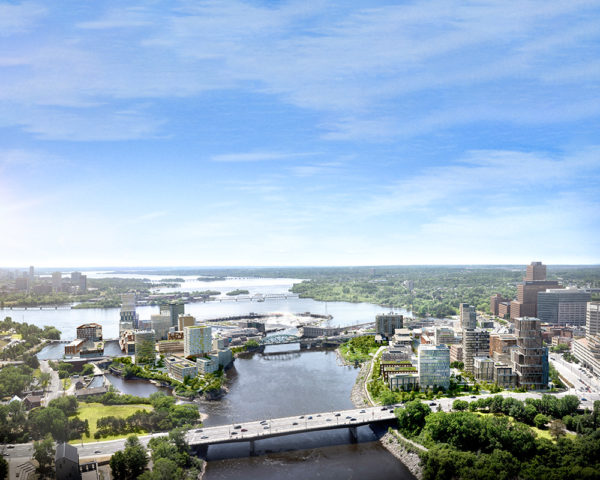 Aerial view zibi, bridge across Ottawa river, green space