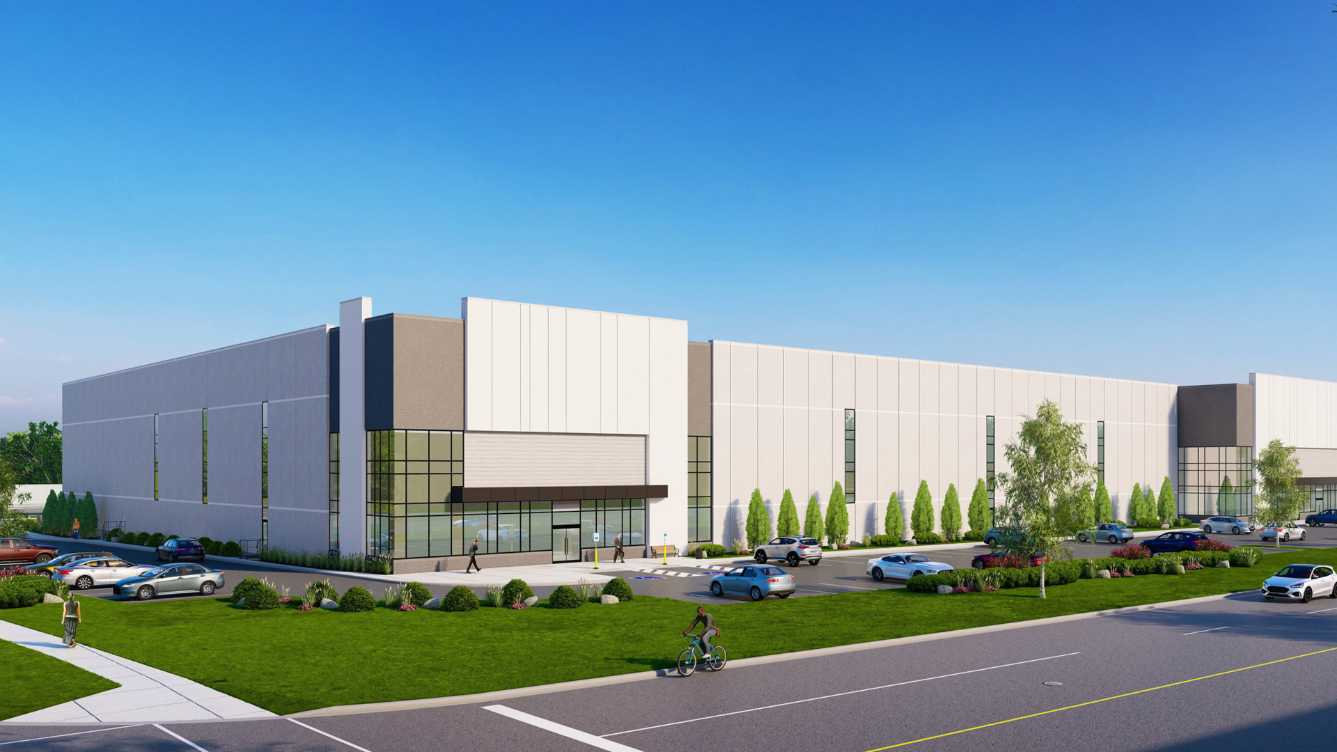 Front view rendering of gray industrial building on a sunny day