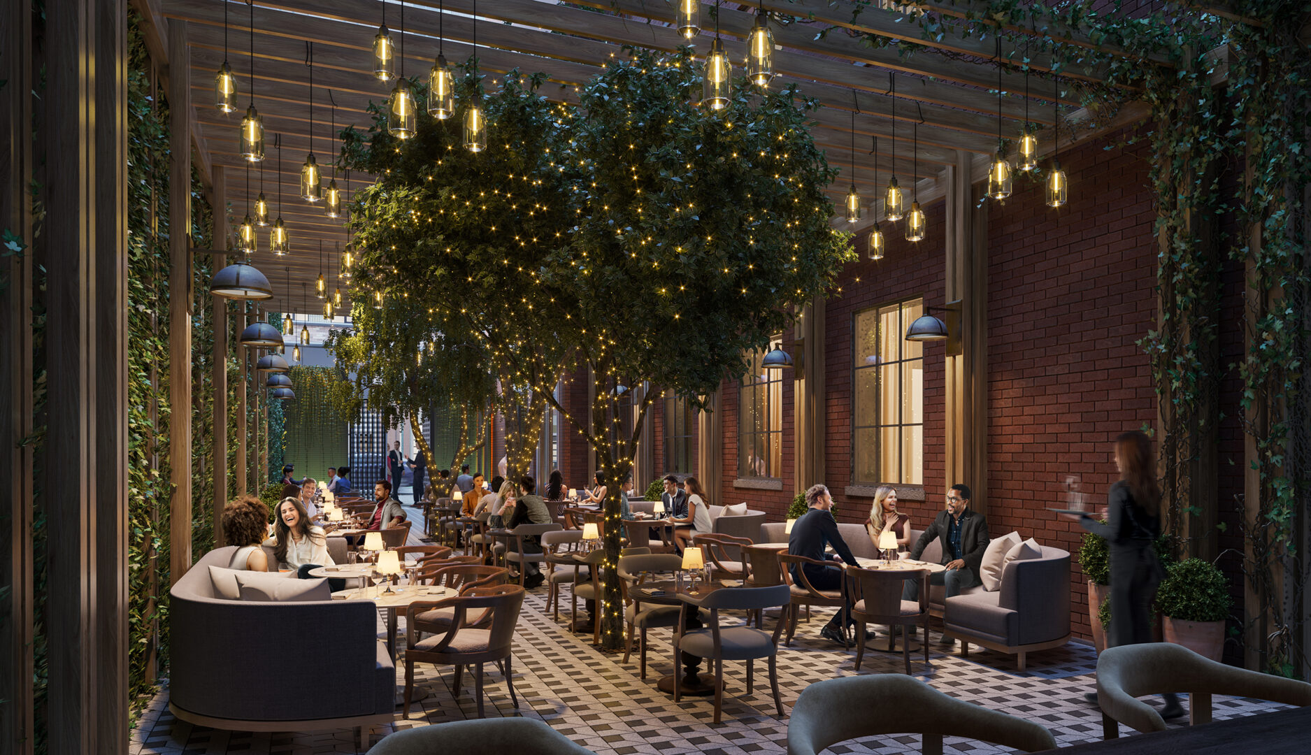 Rendering of the alleyway project showing a restaurant patio between buildings on Bay street