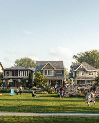 Streetscape rendering showing houses in Alpine Park