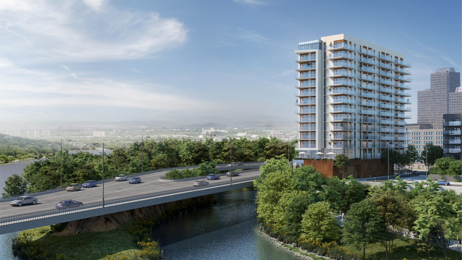 Large residential tower overlooking a river and a bridge, surrounded by trees and greenery